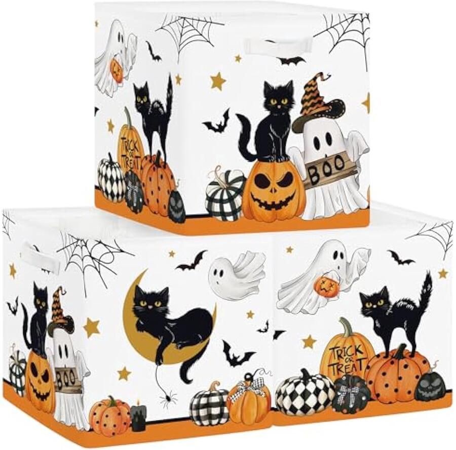 Selbro Set van 3 Opbergdozen Griezelig Halloween Opbergkubussen voor Kast Pompoen Boe Spook Vleermuis Kleding Mand voor Kinderen Speelgoedkist en Boeken voor Kinderkamer Zwarte Katten 30x30x30 cm