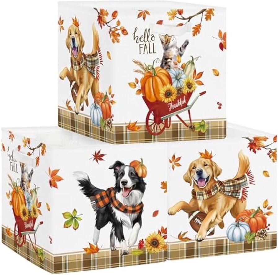 Selbro Set van 3 opbergdozen Herfst Thanksgiving opbergkubussen voor kast Pompoenblad kledingmand voor kinderen speelgoedkist en boeken voor kinderkamer kleurrijke mascotte 30x30x30cm