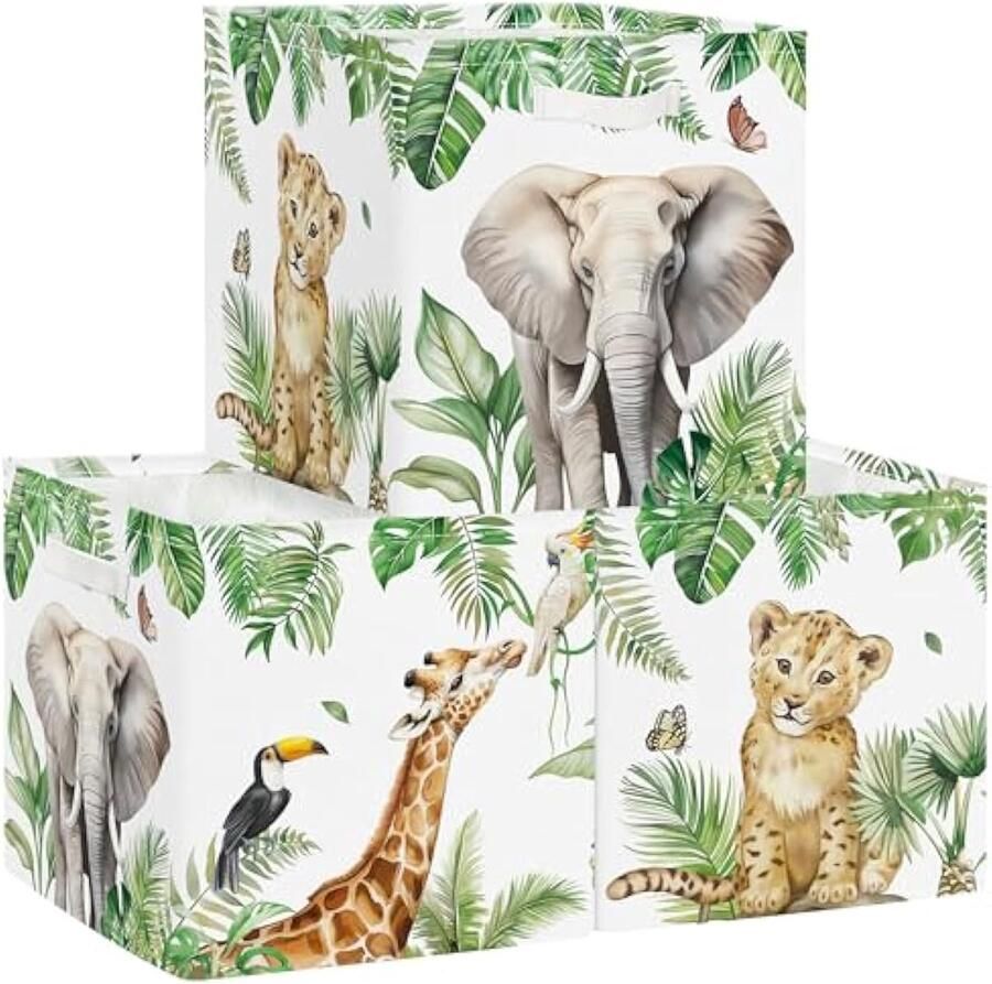 Selbro Set van 3 Opbergdozen Jungledieren Opbergkubussen voor Kast Tropisch Bladeren Palmen Giraf Kleding Mand voor Kinderen Speelgoedkist en Boeken voor Kinderkamer Leeuw 30x30x30 cm
