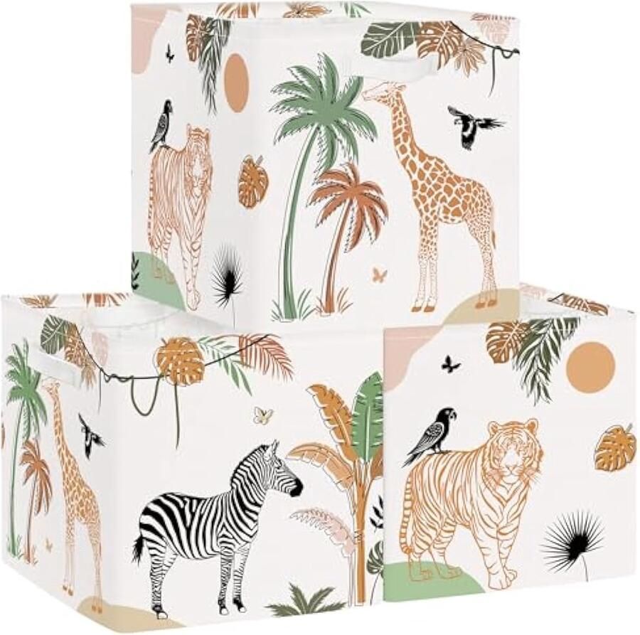 Selbro Set van 3 Opbergdozen Jungledieren Opbergkubussen voor Kast Tropisch Bladeren Palmen Giraf Kleding Mand voor Kinderen Speelgoedkist en Boeken voor Kinderkamer Tijger 30x30x30 cm