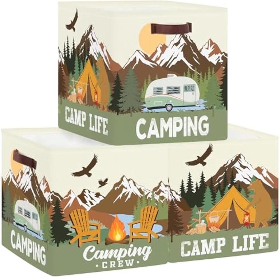 Selbro Set van 3 opbergdozen kampeeropbergkubussen voor kast kleding manden rekken voor vrouwen kinderen buitenspeelgoed en boeken Feet Mountain 30 x 30 x 30 cm