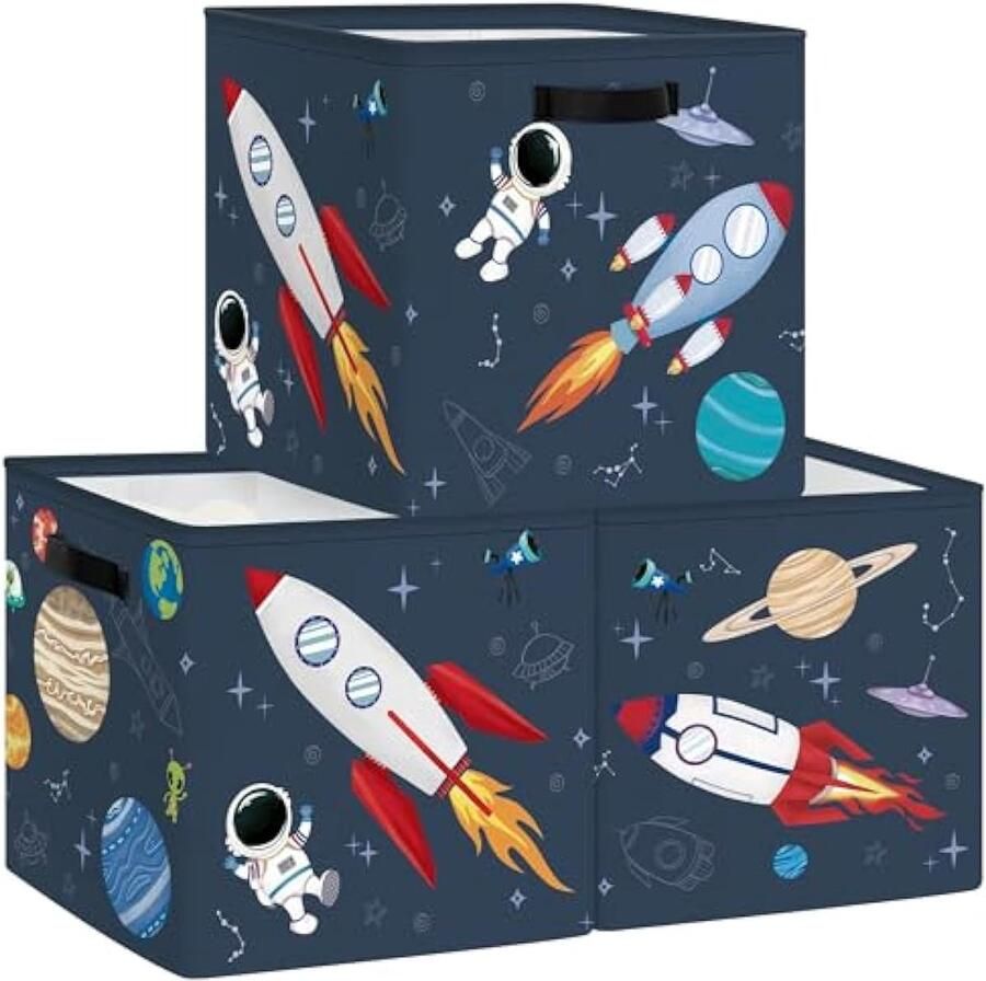 Selbro Set van 3 opbergdozen kosmische ruimte opbergkubussen voor kast planeten sterren wasmand voor kinderen speelgoedkist en boeken voor de kinderkamer raket 30x30x30cm