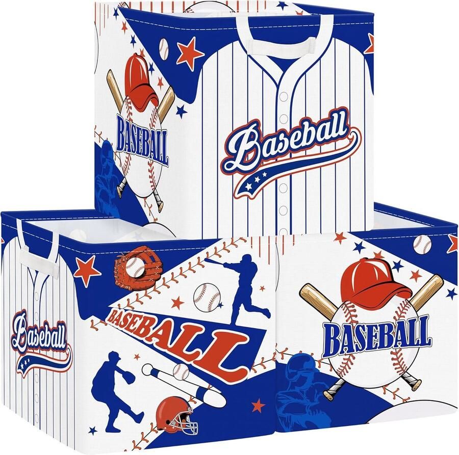 Selbro Set van 3 opbergdozen sportbal opbergkubussen voor in de kast kleding mand rek ster voor kinderen speelgoedkist en boeken voor de kleuterschool honkbal 30 x 30 x 30 cm