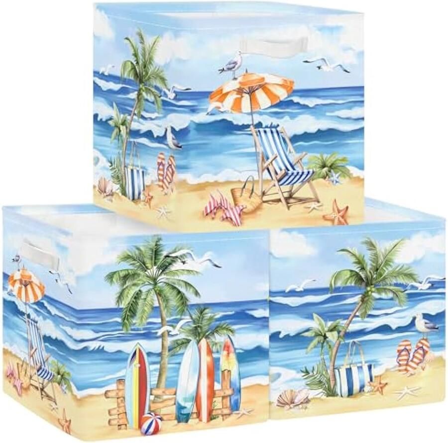 Selbro Set van 3 opbergdozen Summer Sea opbergkubussen voor kast kleding mand rekken voor vrouwen kinderen buitenspeelgoed en boeken palm 30 x 30 x 30 cm