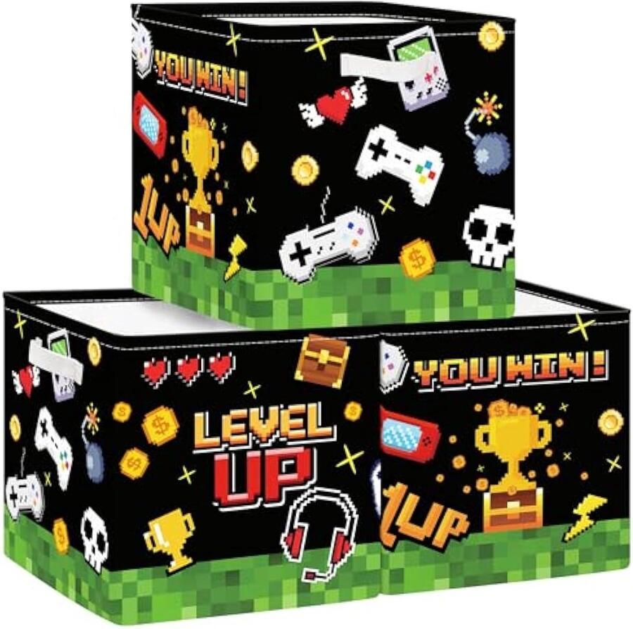 Selbro Set van 3 opbergdozen videogame-opbergkubussen voor kast zwarte gamepad-kledingmand voor kinderen speelgoedkist en boeken voor kinderkamer pixelart 30x30x30cm