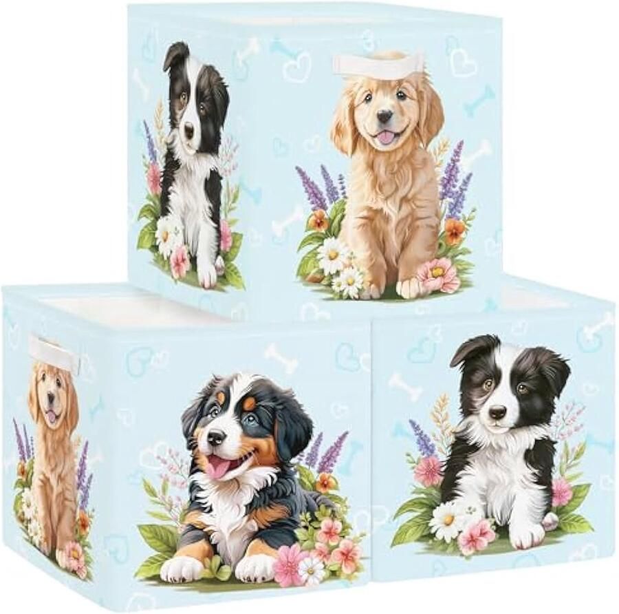 Selbro Set van 3 opbergdozen voor huisdieren opbergkubussen voor kast kleding mand rek kinderspeelgoed en boeken voor de kleuterschool hond 30 x 30 x 30 cm