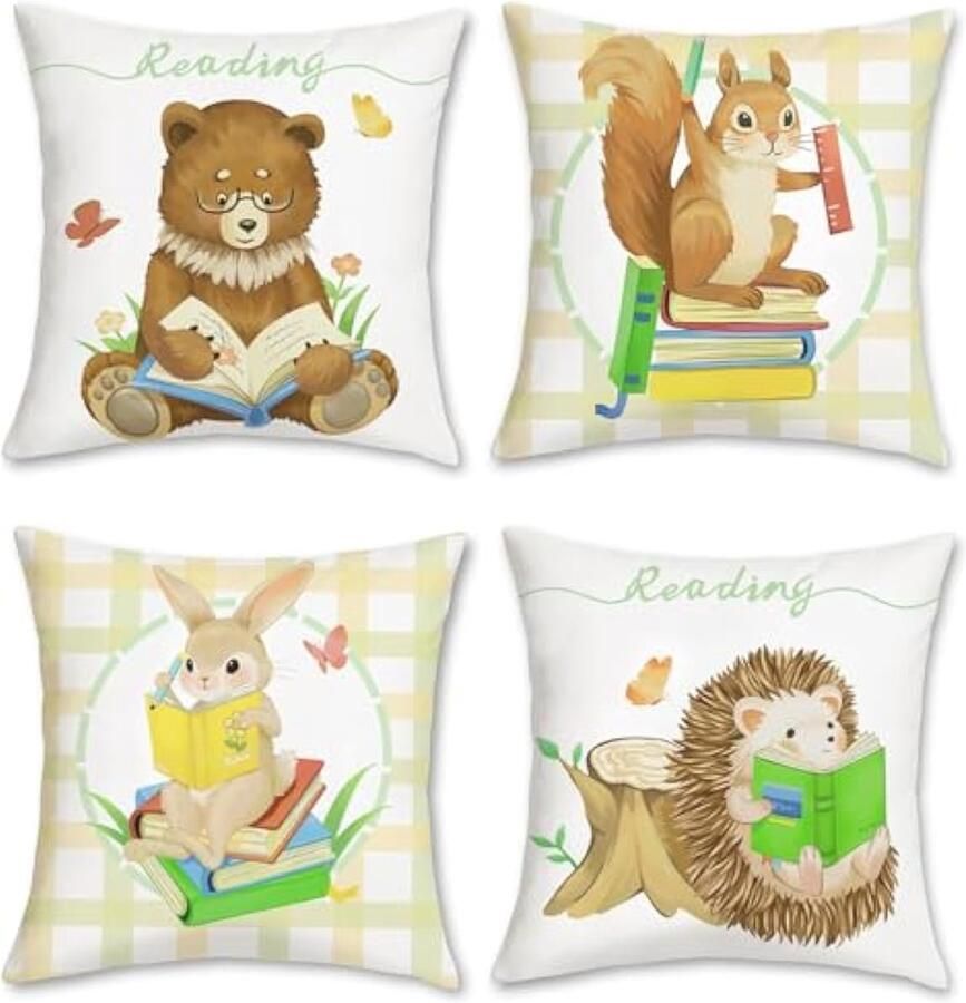 Selbro Set van 4 dierenKussenslopen 45 x 45 cm bier eekhoorntje haas egel leesboeken decoratief Kussenhoezen sierKussenslopen voor bank woonkamer thuis kinderkamer decoratie