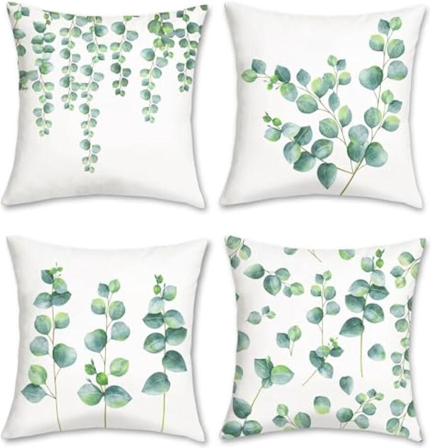 Selbro Set van 4 Kussenslopen bladeren eucalyptus 45 x 45 cm planten groen decoratieve Kussenhoezen sierkussenovertrekken voor bank slaapkamer woonkamer auto woondecoratie