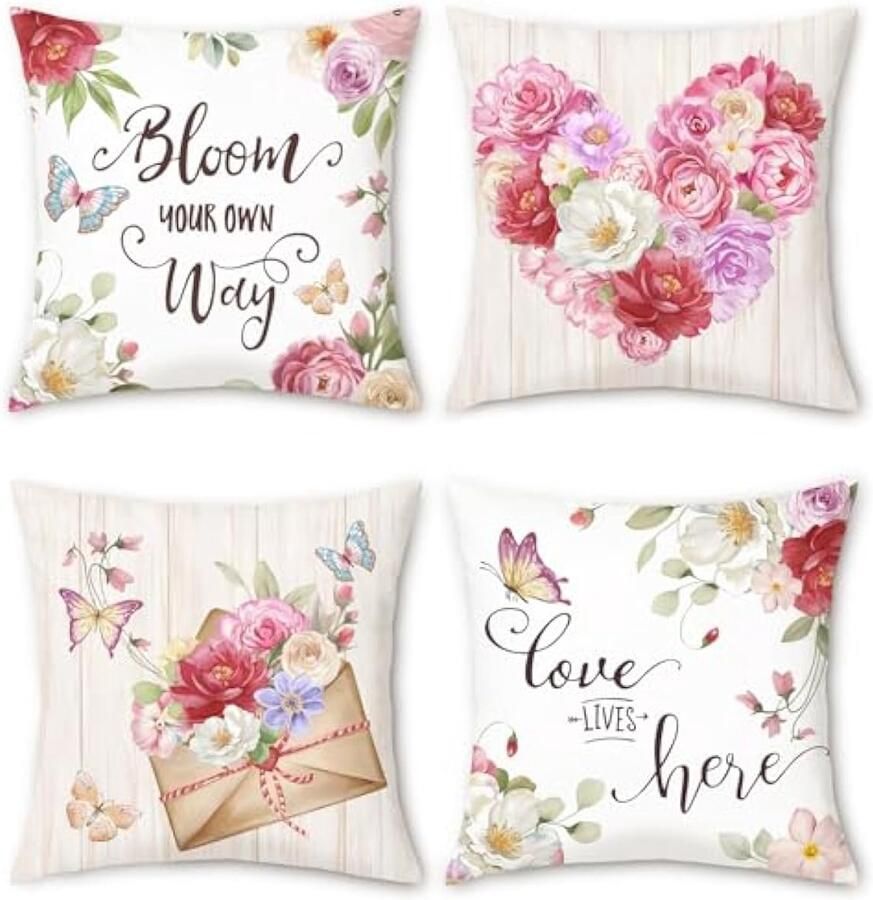 Selbro Set van 4 Kussenslopen bloemen 45 x 45 cm roze liefdeshart bloemen decoratieve Kussenhoezen Moederdag sierkussenovertrekken voor bank thuis tuin cadeau voor Moederdag