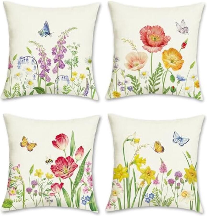 Selbro Set van 4 Kussenslopen bloemen tuin 45 x 45 cm bloemen vlinders decoratieve Kussenhoezen sierkussenovertrekken voor bank slaapkamer woonkamer woondecoratie
