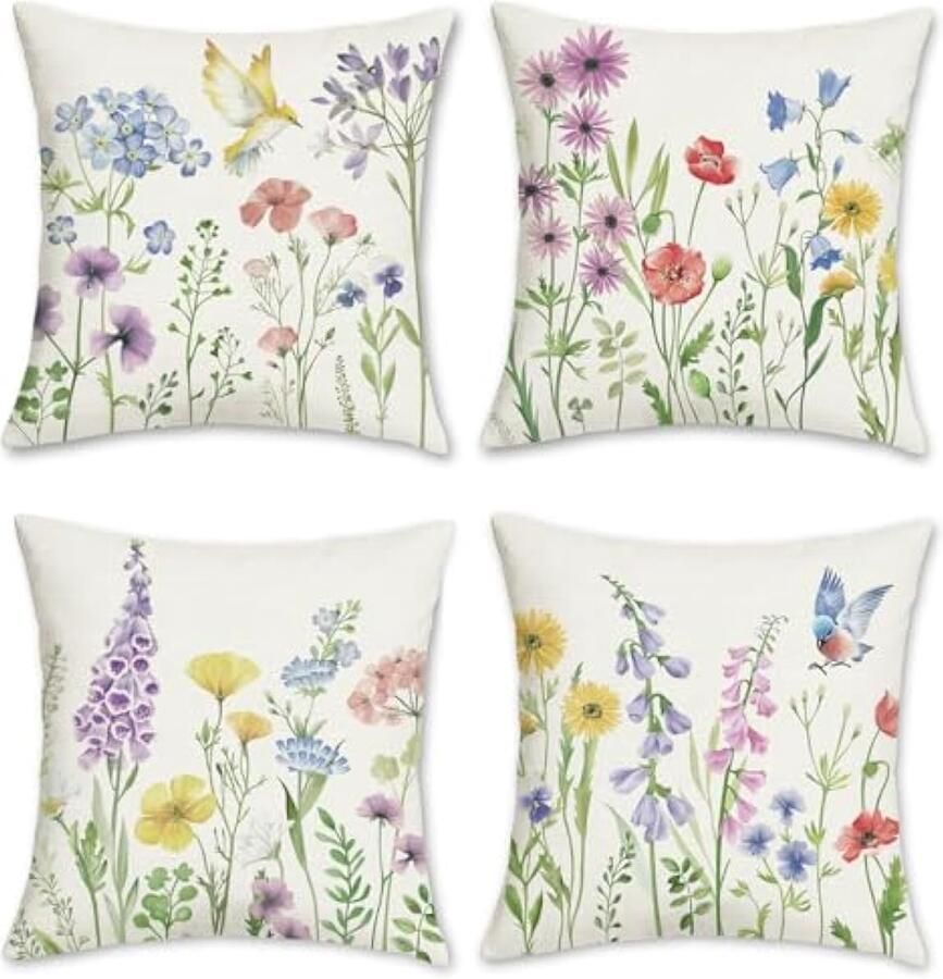 Selbro Set van 4 Kussenslopen bloemen tuin 45 x 45 cm bloemen vogels polyester linnen decoratieve Kussenhoezen sierkussenovertrekken voor bank thuis tuin outdoor decoratie