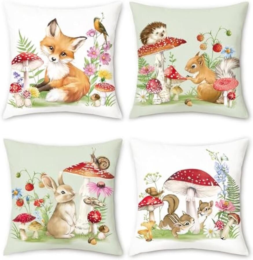 Selbro Set van 4 Kussenslopen bosdier 45 x 45 cm vos konijntje eekhoorntje paddenstoel decoratief kussenovertrekken voor bank tuin kinderkamer decoratie