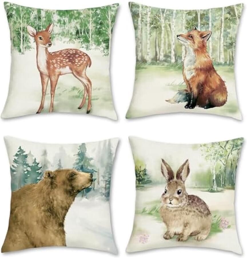 Selbro Set van 4 Kussenslopen bosdieren 45 x 45 cm hert vos konijntje polyester linnen decoratieve Kussenhoezen sierKussenhoezen voor bank slaapkamer woonkamer tuin outdoor woondecoratie