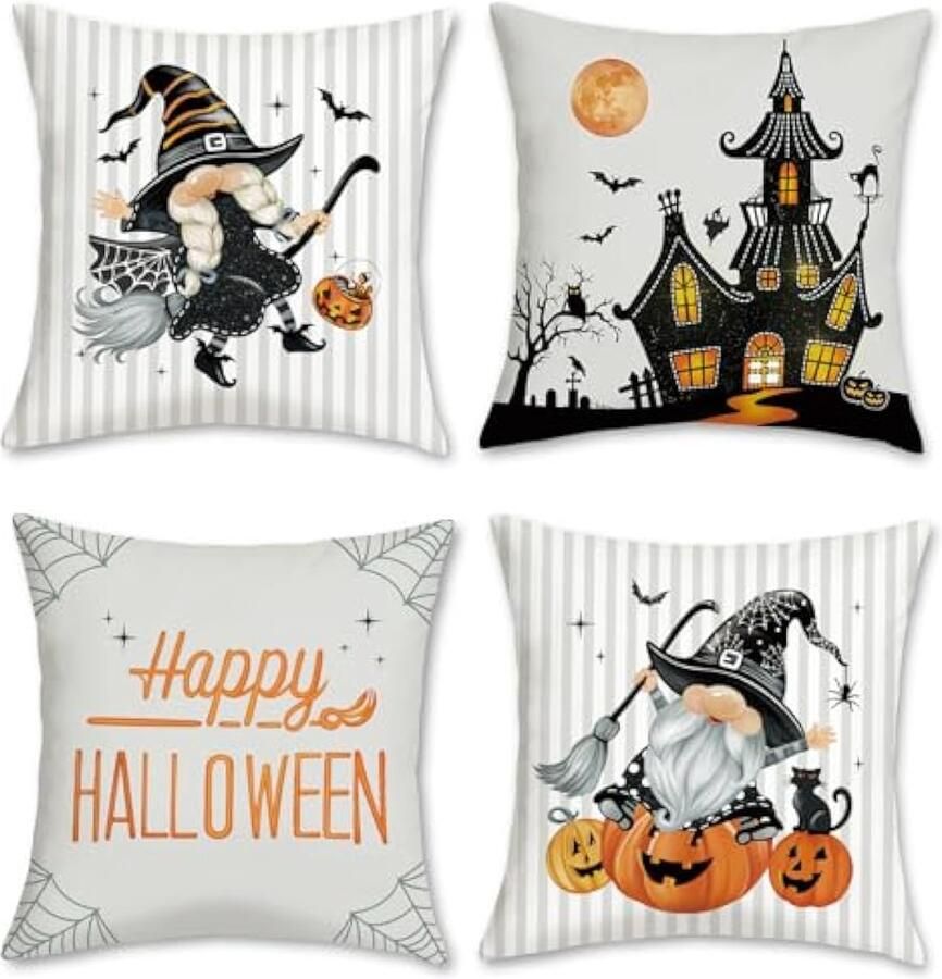 Selbro Set van 4 Kussenslopen Halloween grijs 45 x 45 cm kabouter pompoenburg fluweel zachte decoratieve Kussenhoezen sierKussenslopen voor bank slaapkamer auto woondecoratie