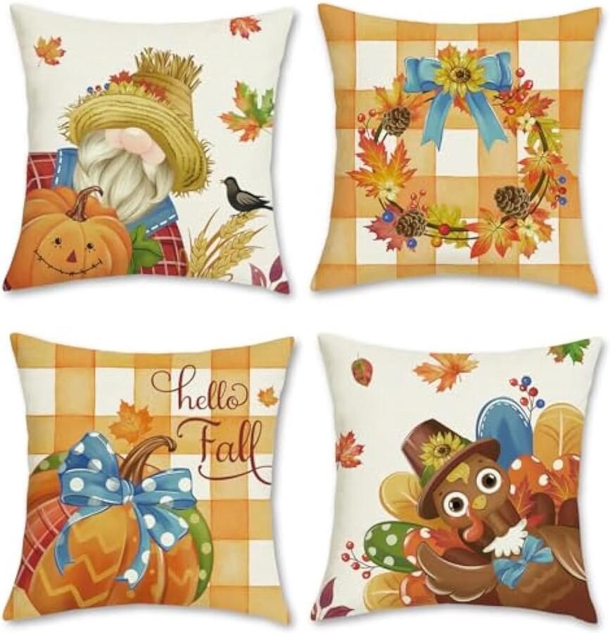 Selbro Set van 4 Kussenslopen herfst oogstfeest 45 x 45 cm pompoen bladerenkrans kalkoen decoratief Kussenhoezen voor bank woonkamer woondecoratie