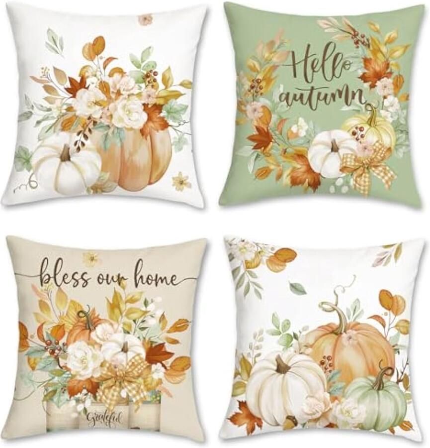 Selbro Set van 4 Kussenslopen herfst pompoen 45 x 45 cm bloemen bladeren groen oranje fluweel zachte decoratieve Kussenhoezen voor bank woonkamer woondecoratie