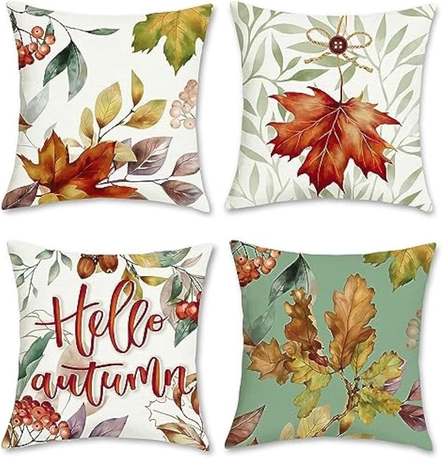 Selbro Set van 4 Kussenslopen herfstbladeren 45 x 45 cm herfstbladeren polyester linnen decoratieve kussenovertrekken voor bank slaapkamer woonkamer auto woondecoratie