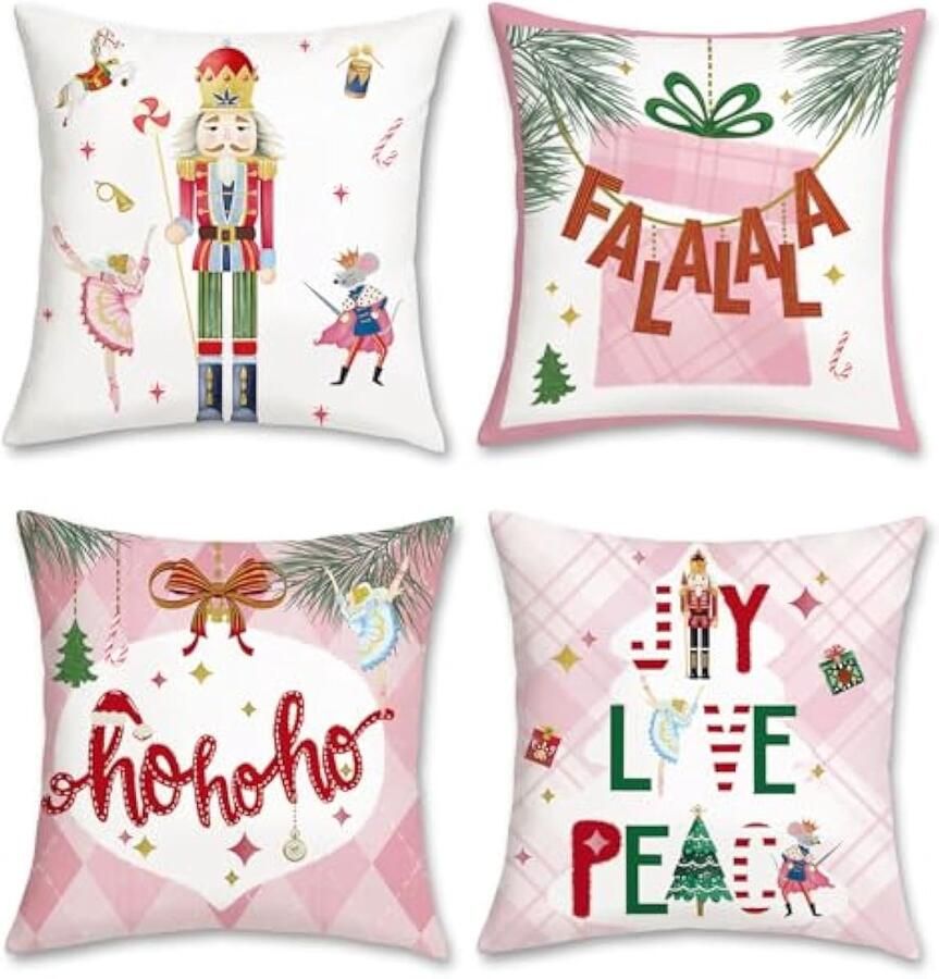 Selbro Set van 4 Kussenslopen Kerstmis notenkraker 45 x 45 cm roze wintervakantie feest fluweel zachte decoratief Kussenhoezen roze Xmas sierKussenslopen voor bank slaapkamer Kerst decoratie