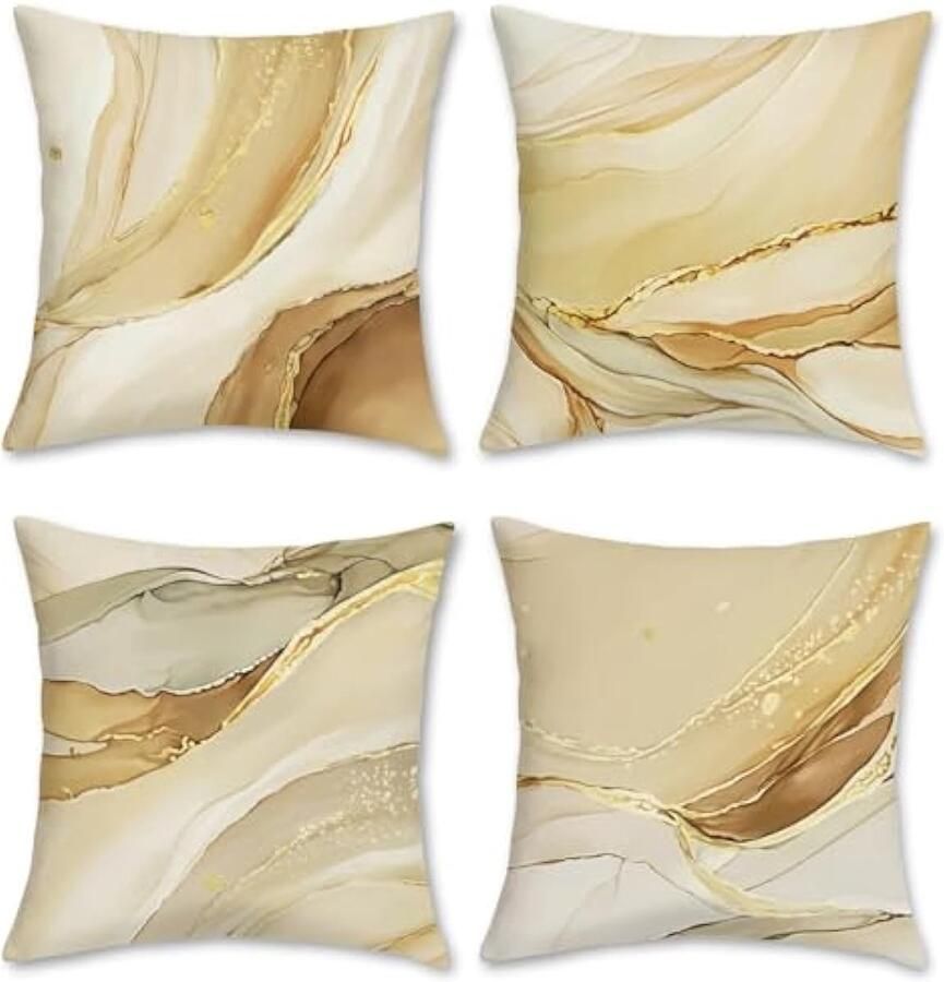 Selbro Set van 4 Kussenslopen marmer modern 45 x 45 cm oranjebruin goud abstract decoratief Kussenhoezen sierkussenovertrekken voor bank slaapkamer woonkamer woondecoratie