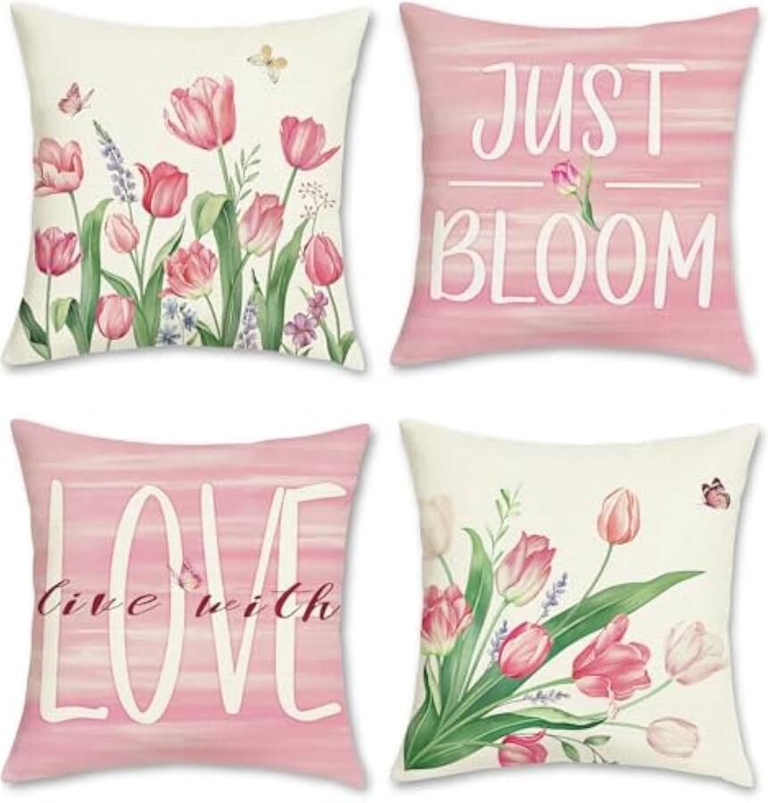 Selbro Set van 4 Kussenslopen met roze bloemen 45 x 45 cm tulpen vlinders polyester linnen decoratieve Kussenslopen voor bank bed thuis tuin buiten decoratie set van 4