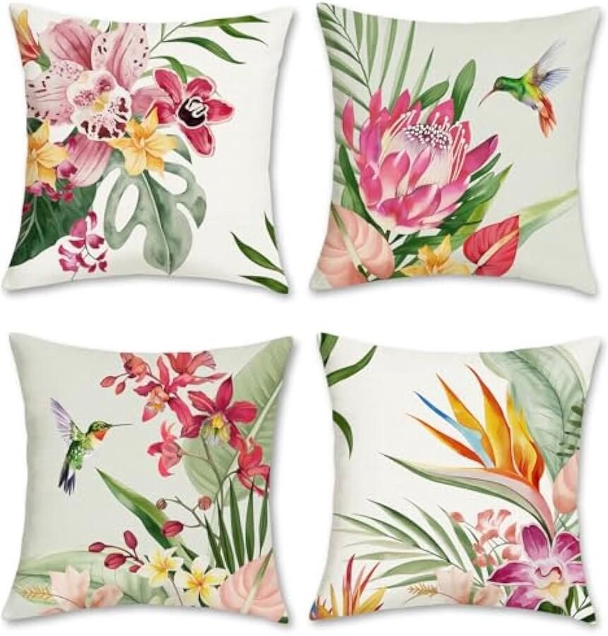 Selbro Set van 4 Kussenslopen met tropische bloemen 45 x 45 cm bloemenbladeren decoratieve Kussenhoezen voor buiten polyester linnen Kussenslopen voor bank tuin terras buitendecoratie set