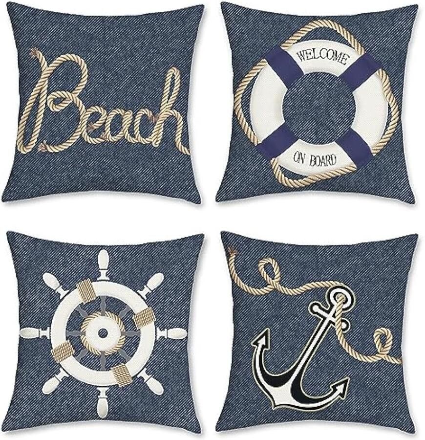 Selbro Set van 4 Kussenslopen nautisch anker 45 x 45 cm dubbelzijdig denim polyester linnen blauw decoratieve Kussenhoezen sierKussenslopen voor bank slaapkamer woonkamer woondecoratie
