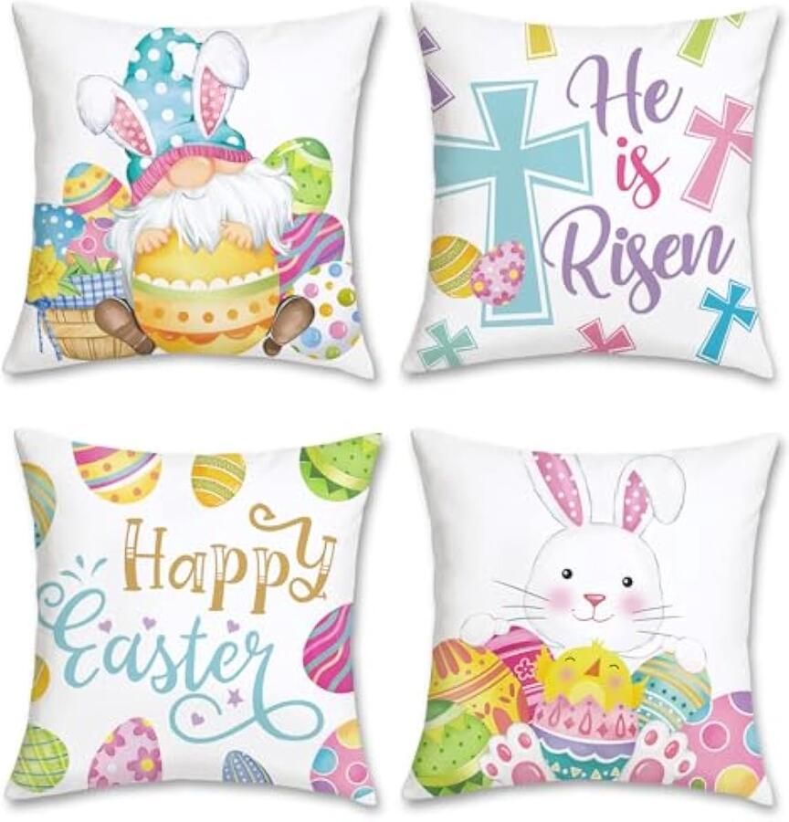 Selbro Set van 4 Kussenslopen Pasen Vrolijk 45 x 45 cm paaseieren haas kabouter lente decoratief Kussenhoezen voor bank slaapkamer thuis lente Pasen decoratie