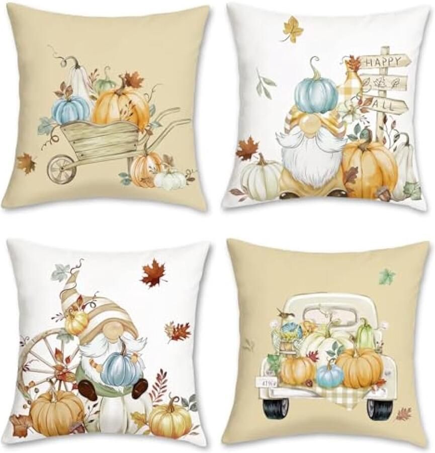 Selbro Set van 4 Kussenslopen pompoen herfst 45 x 45 cm GNOME bladeren vrachtwagen oranje decoratief Kussenhoezen sierKussenslopen voor bank slaapkamer thuis tuin decoratie