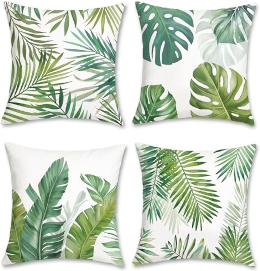 Selbro Set van 4 Kussenslopen tropische bladeren 45 x 45 cm groen palmbladeren fluweel zachte decoratieve Kussenhoezen sierkussenovertrekken voor bank thuis tuin zomer lente decoratie