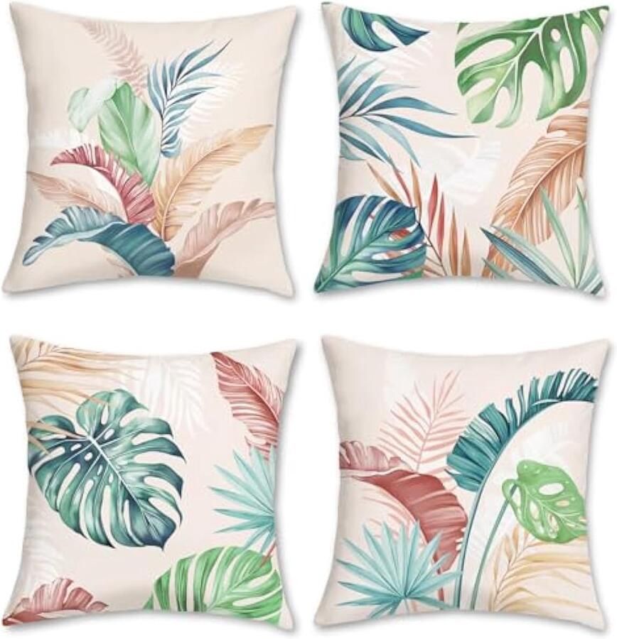 Selbro Set van 4 Kussenslopen tropische bladeren 45 x 45 cm kleurrijke bladeren planten fluweel zachte decoratieve Kussenhoezen sierKussenhoezen voor bank woonkamer woondecoratie