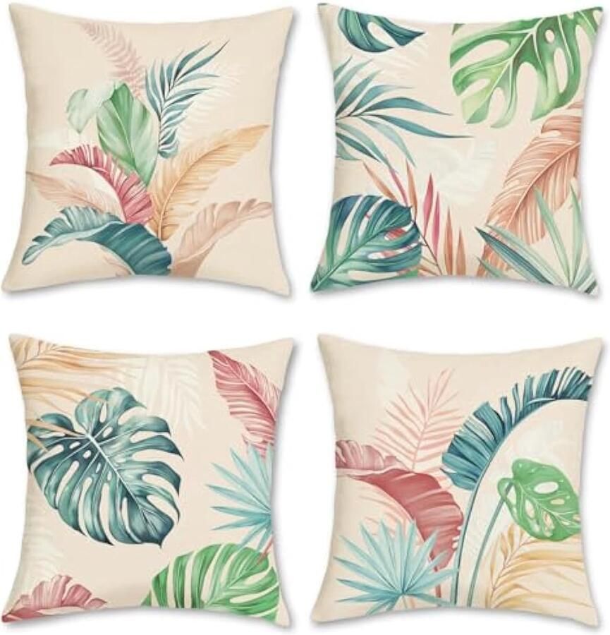 Selbro Set van 4 Kussenslopen tropische bladeren 45 x 45 cm kleurrijke bladeren planten polyester linnen decoratieve Kussenhoezen sierKussenhoezen voor bank woonkamer woondecoratie
