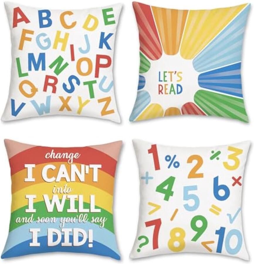 Selbro Set van 4 Kussenslopen voor kinderen 45 x 45 cm alfabet inspirerend citaat fluweel zachte decoratieve Kussenhoezen sierKussenhoezen voor bank woonkamer woondecoratie