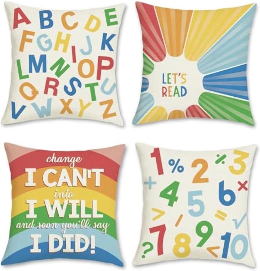 Selbro Set van 4 Kussenslopen voor kinderen 45 x 45 cm alfabet inspirerend citaat polyester linnen decoratieve Kussenhoezen sierKussenslopen voor bank woonkamer woondecoratie