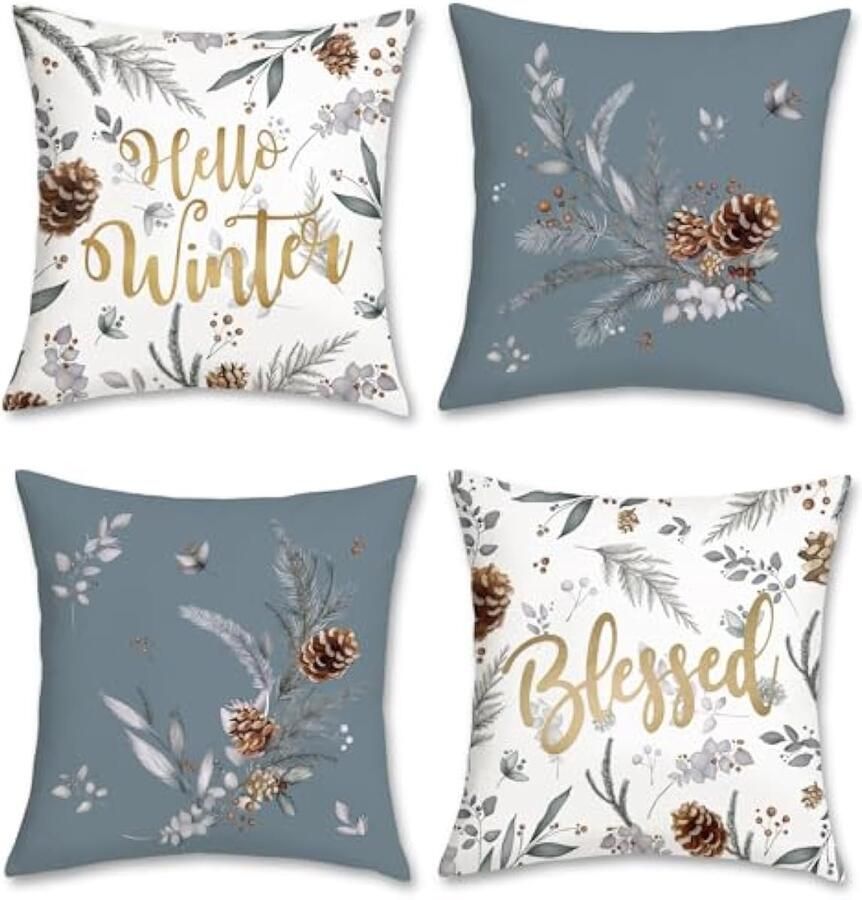 Selbro Set van 4 Kussenslopen winter grijs 45 x 45 cm dennenappels dennenbladeren fluweel zachte decoratieve Kussenhoezen sierKussenslopen voor bank slaapkamer winter decoratie