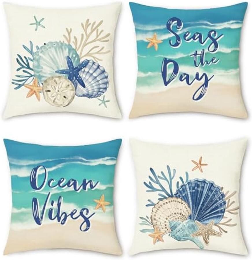 Selbro Set van 4 Kussenslopen zomer kust 45 x 45 cm schelpschaal koraal strand polyester linnen decoratieve Kussenhoezen sierKussenslopen voor bank woonkamer woondecoratie
