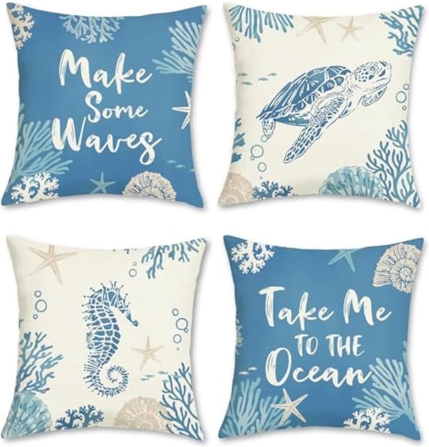 Selbro Set van 4 Kussenslopen zomer kust 45 x 45 cm zeeschildpad zeepaardje blauw polyester linnen kussenovertrekken voor bank woonkamer woondecoratie