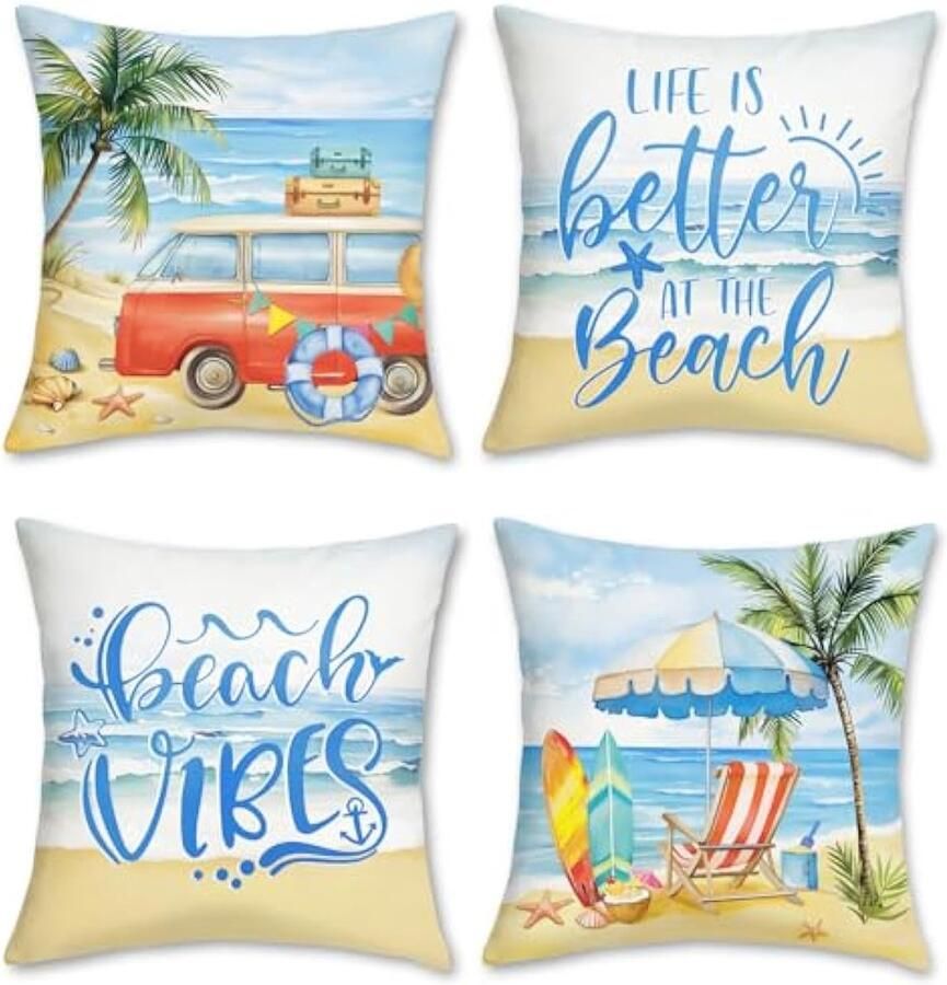 Selbro Set van 4 Kussenslopen zomer strand 45 x 45 cm tropische boom branding oceaan kust decoratieve Kussenhoezen sierKussenhoezen voor bank woonkamer woondecoratie