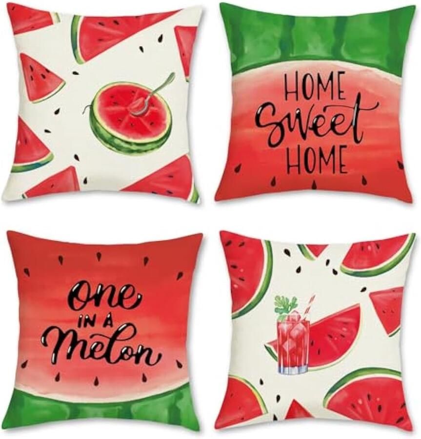 Selbro Set van 4 Kussenslopen zomer watermeloen 45 x 45 cm groen rood fruit Home Sweet Home decoratief Kussenhoezen sierKussenslopen voor bank woonkamer woondecoratie