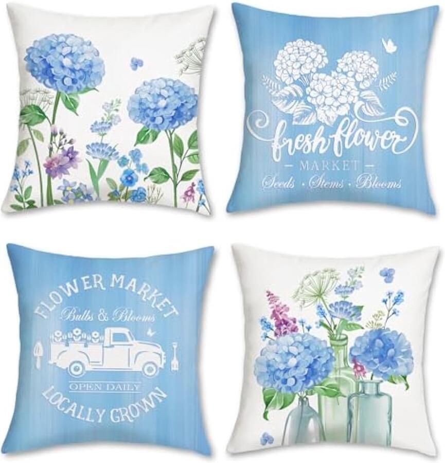 Selbro Set van 4 Kussenslopen zomerbloemen 45 x 45 cm blauw-paars bloemen hortensia decoratieve Kussenhoezen sierKussenhoezen voor bank slaapkamer woonkamer woondecoratie