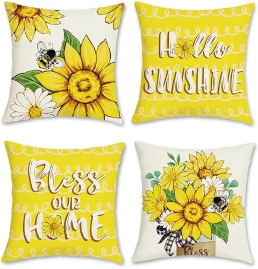 Selbro Set van 4 Kussenslopen zomerbloemen 45 x 45 cm gele bloem zonnebloem bij decoratieve Kussenhoezen sierkussenovertrekken voor bank woonkamer thuis tuin decoratie