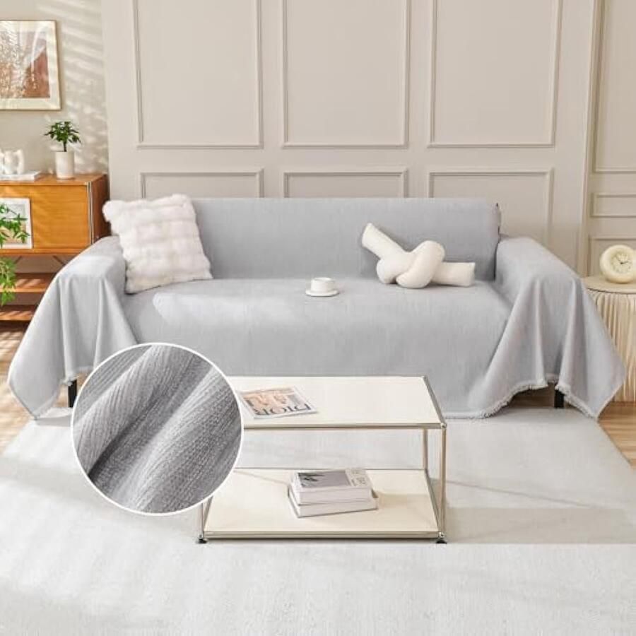 Selbro Sofahoes 2-zits en 3-zits L-vormige bankhoes met kwastje voor huisdier wasbaar chenille sectionele bankhoes meubeeschermer hoekbankhoes F lichtgrijs 180 x 300 cm