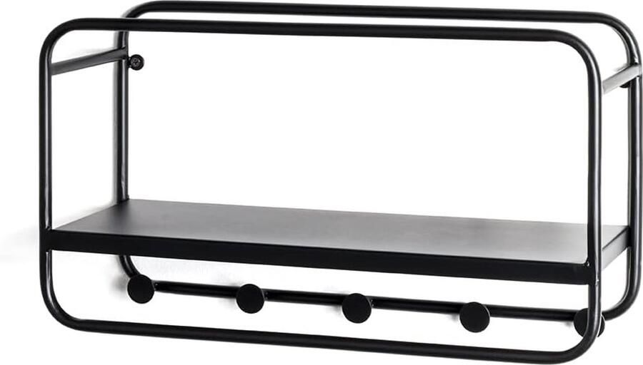 Selbro Stijlvolle Moderne Wandkapstok van Zwart Metaal met 5 Haken en Ruime Plank