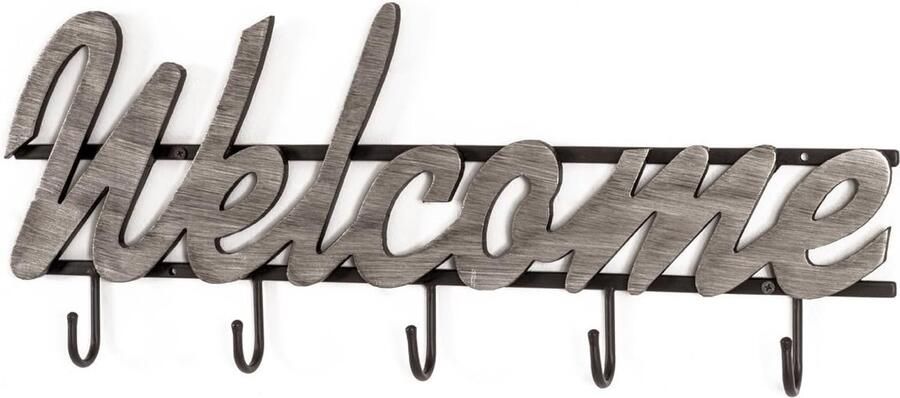 Selbro Stijlvolle Wandgarderobe met Zilverkleurige MDF Letters en Zwarte Metalen Lijst 5 Haakjes