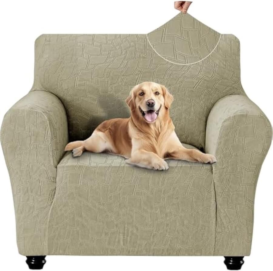 Selbro Stretch Bankhoes 1 Zit Bankhoezen Met Armleuningen Krasbestendig Bankovertrek Hond Vlekafstotende Bankhoes Voor Woonkamer Universele Hoes Bank Met Anti-Slip Schuim Khaki