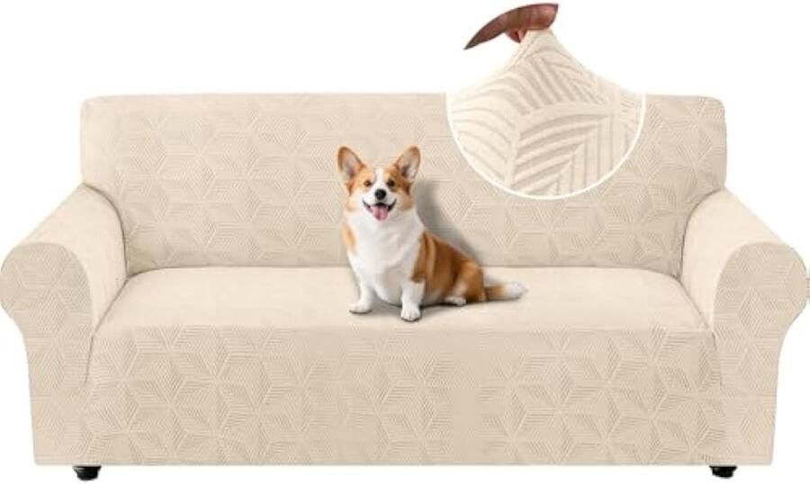 Selbro Stretch Bankhoes 3 Zits Universele Elastische Bankhoezen Met Armleuningen Sofahoes Krasbestendig Voor Woonkamer Bankovertrek Met Antislipschuim Voor Huisdier Vriendelijke Beige