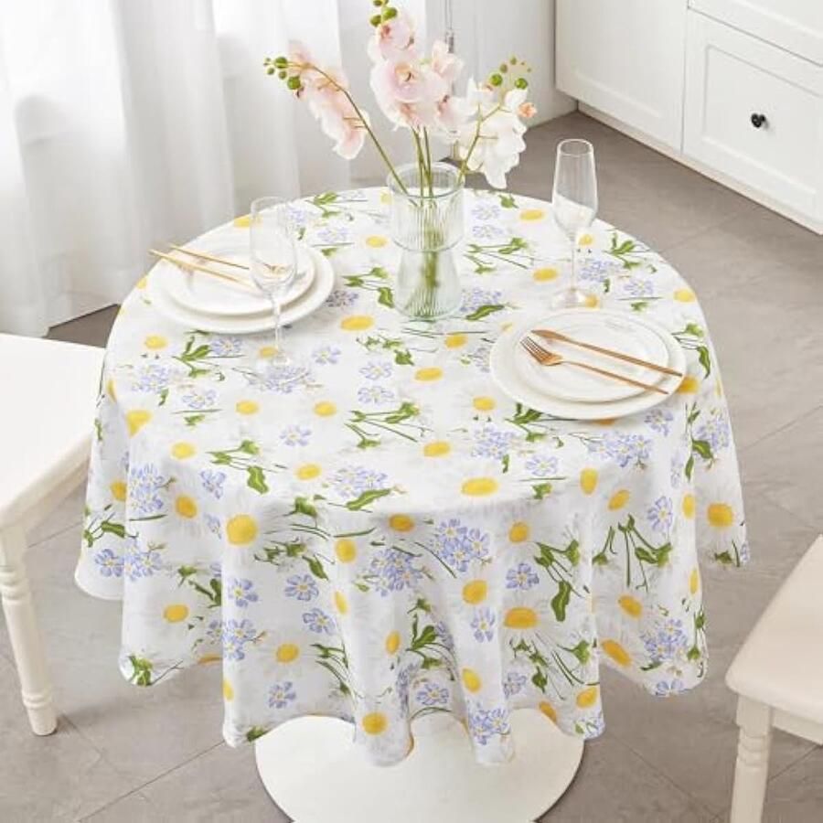 Selbro Tafelkleed rond 150 cm afwasbaar waterafstotend stofdicht met witte madeliefjes voor keuken eetkamer eettafel salontafel tuintafel