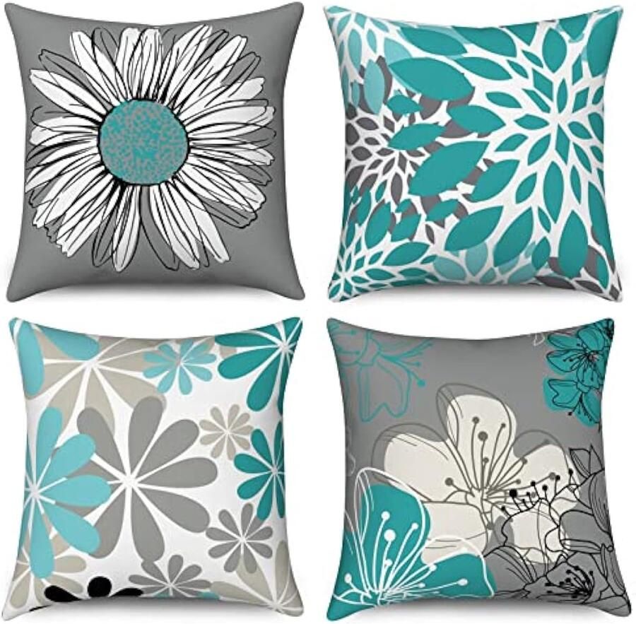Selbro Teal Kussenslopen 40 x 40 cm set van 4 groenblauw en grijs bloemen decoratieve Kussenhoezen moderne madeliefje boerderij linnen Kussenslopen voor slaapbank tuin buiten woondecoratie