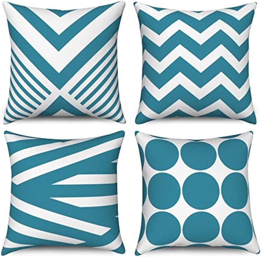 Selbro Teal Kussenslopen 40 x 40 cm set van 4 modern abstract geometrisch patroon decoratief Kussenhoezen linnen Kussenslopen voor bank tuin buiten woondecoratie