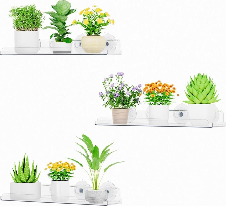 Selbro Transparante Plantenrekken voor Raamdecoratie met Zuignapbevestiging Set van 3