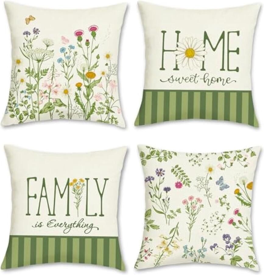 Selbro Tuin Bloemen Kussenslopen 45 x 45 cm Bloemen Bladeren Groene Strepen Decoratieve SierKussenslopen voor Slaapbank Thuis Tuin Patio Outdoor Decor Set van 4